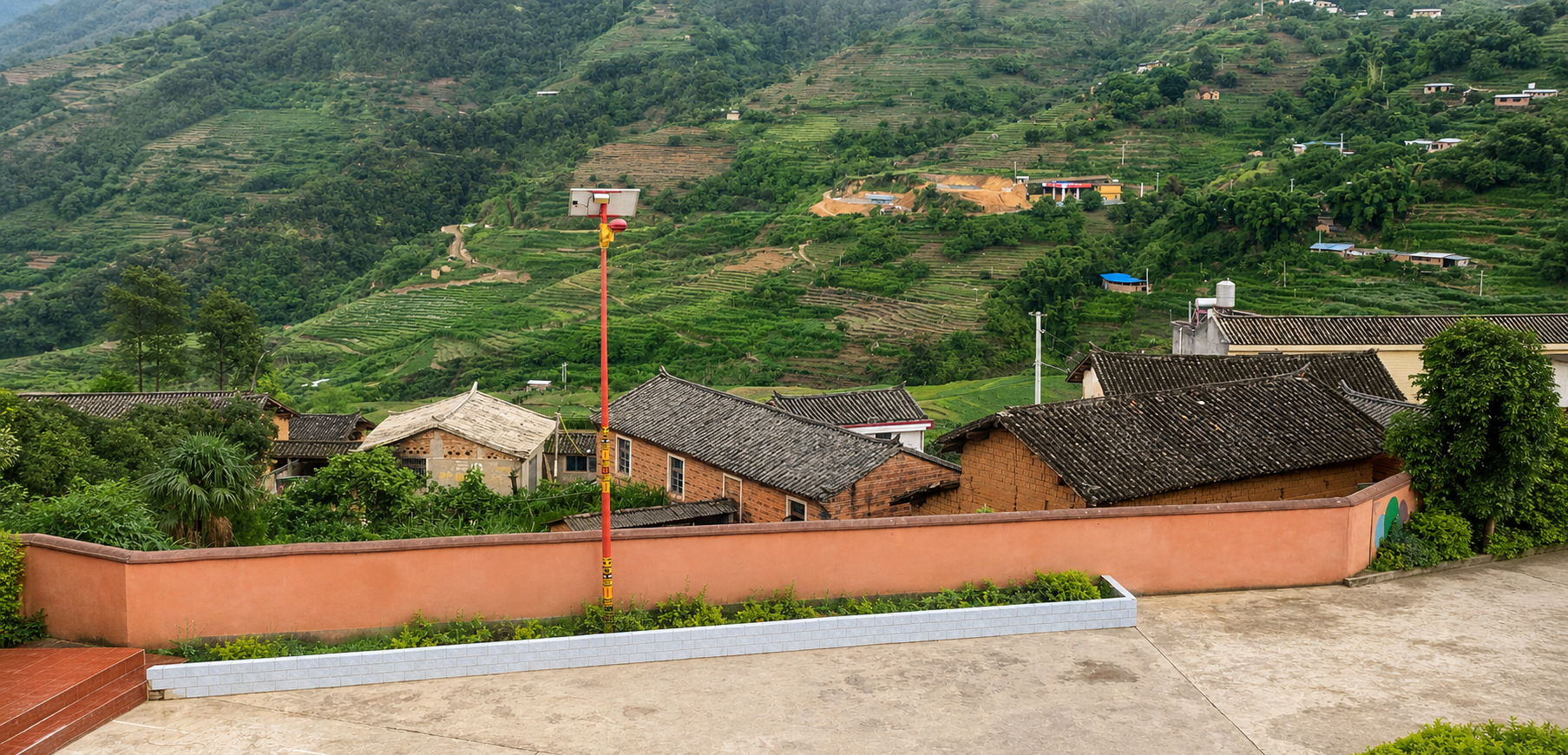 Mountain village and school courtyard in rural China